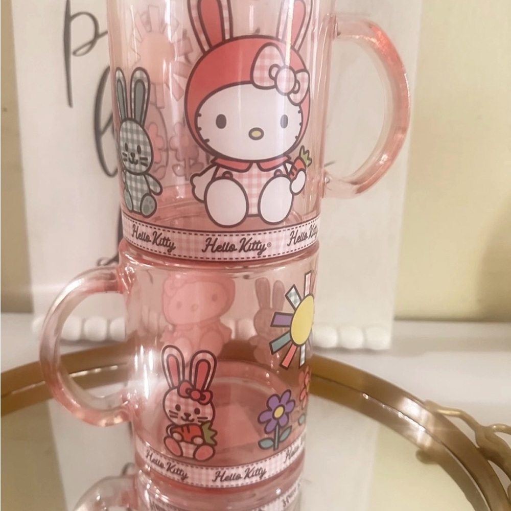 Hello Kitty Easter Bunny Pink Glass Coffee Mug Plaid Bunnies 17.5 oz